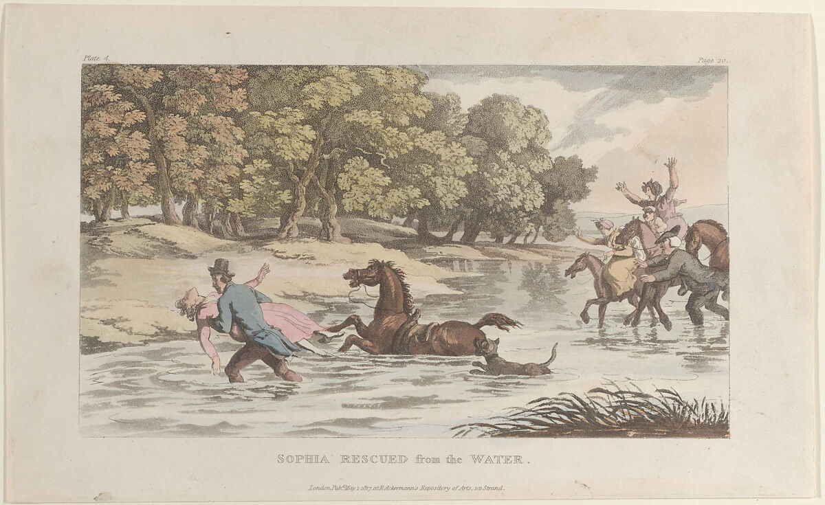 Sophia Rescued from the Water, from "The Vicar of Wakefield", Thomas Rowlandson (British, London 1757–1827 London), Hand-colored etching and aquatint 
