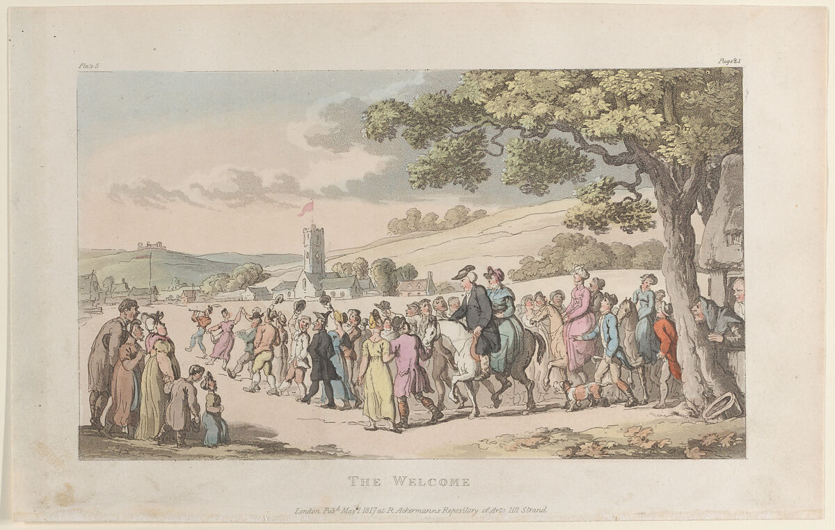 The Welcome, from "The Vicar of Wakefield", Thomas Rowlandson (British, London 1757–1827 London), Hand-colored etching and aquatint 