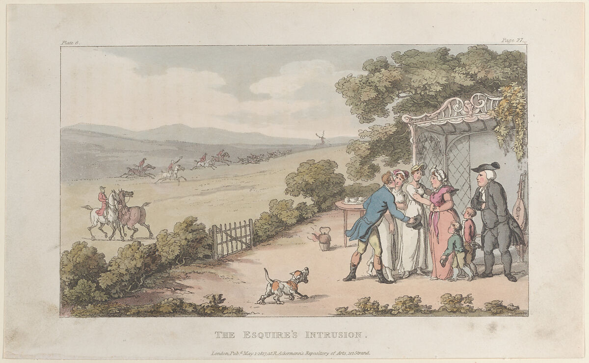 The Esquire's Intrusion, from "The Vicar of Wakefield", Thomas Rowlandson (British, London 1757–1827 London), Hand-colored etching and aquatint 