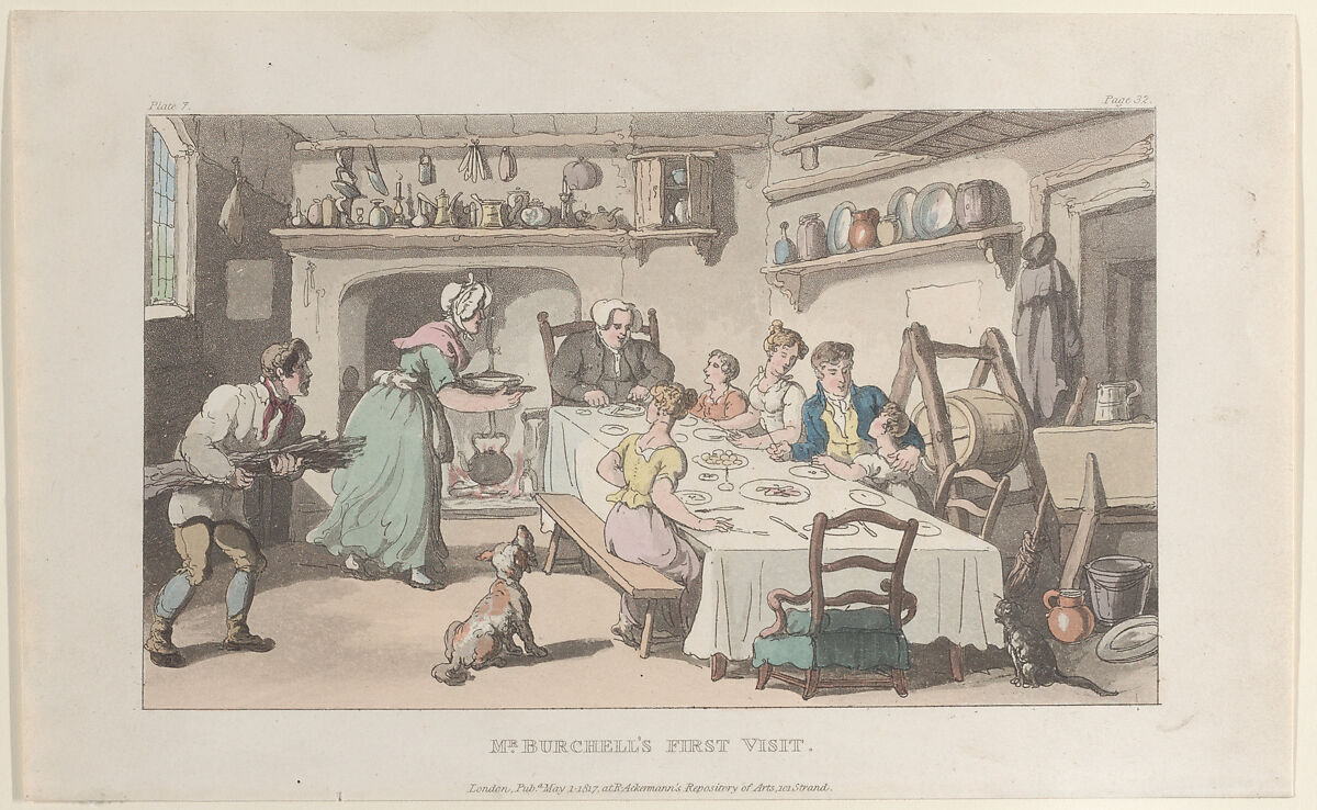 Mr. Burchell's First Visit, from "The Vicar of Wakefield", Thomas Rowlandson (British, London 1757–1827 London), Hand-colored etching and aquatint 