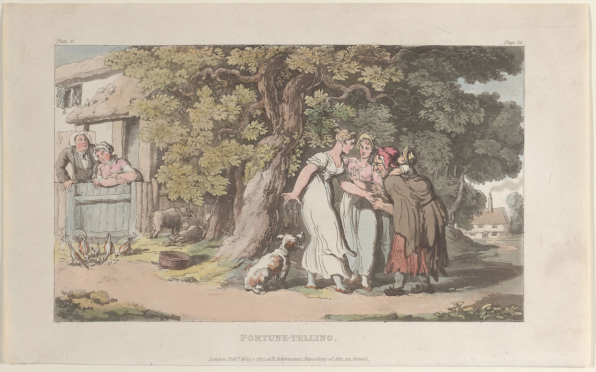 Fortune-telling, from "The Vicar of Wakefield", Thomas Rowlandson (British, London 1757–1827 London), Hand-colored etching and aquatint 