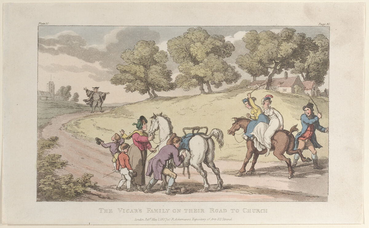 The Vicar's Family on their Road to Church, from "The Vicar of Wakefield", Thomas Rowlandson (British, London 1757–1827 London), Hand-colored etching and aquatint 