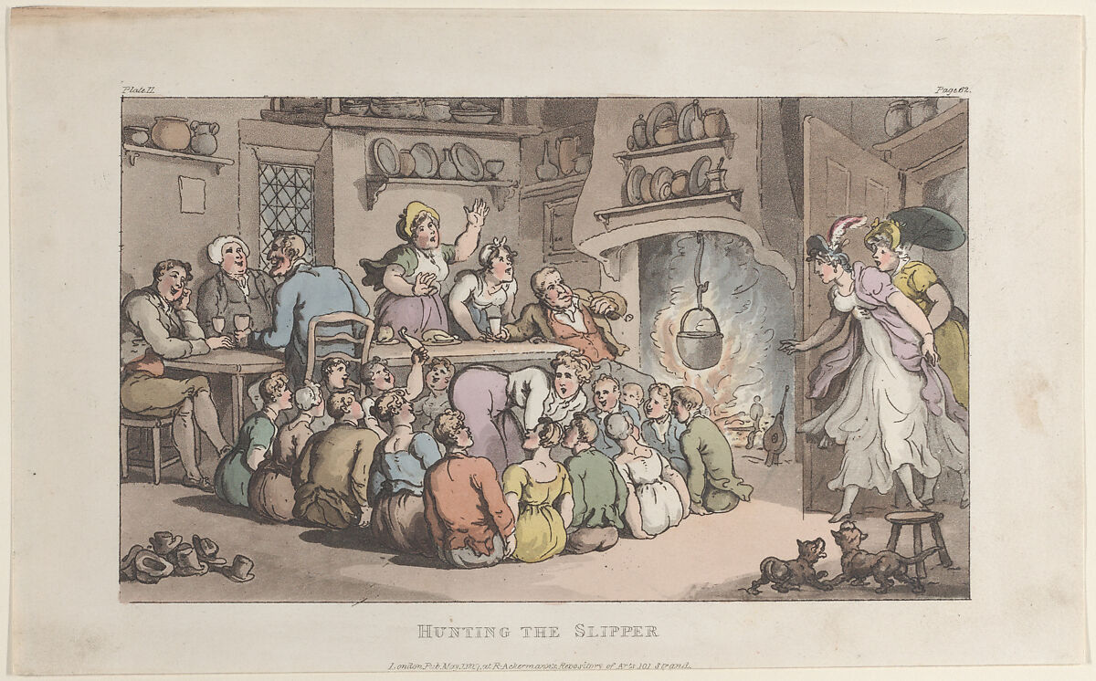 Hunting the Slipper, from "The Vicar of Wakefield", Thomas Rowlandson (British, London 1757–1827 London), Hand-colored etching and aquatint 