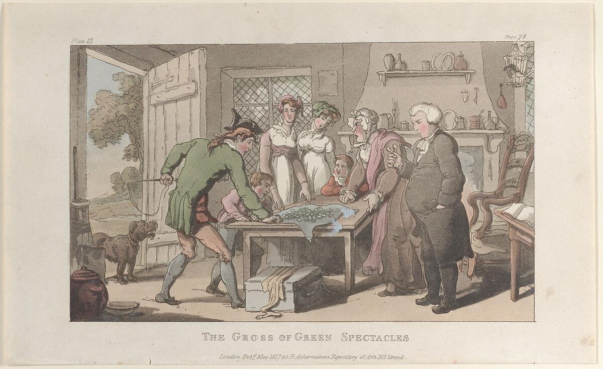 The Gross of Green Spectacles, from "The Vicar of Wakefield", Thomas Rowlandson (British, London 1757–1827 London), Hand-colored etching and aquatint 