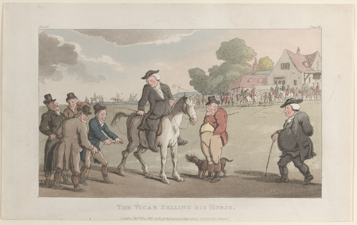 The Vicar Selling his Horse, Thomas Rowlandson (British, London 1757–1827 London), Hand-colored etching and aquatint 