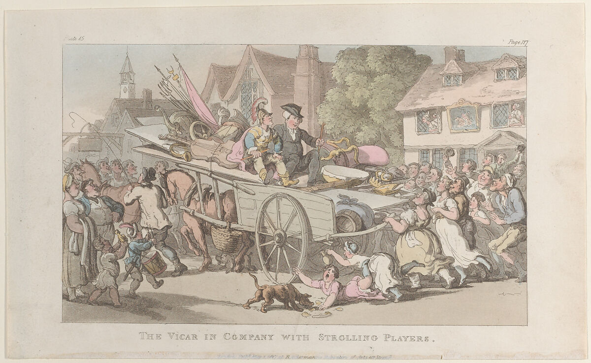 The Vicar in company with Strolling Players, Thomas Rowlandson (British, London 1757–1827 London), Hand-colored etching and aquatint 