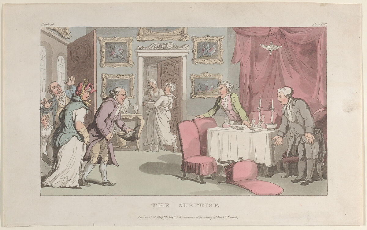 The Surprise, Thomas Rowlandson (British, London 1757–1827 London), Hand-colored etching and aquatint 