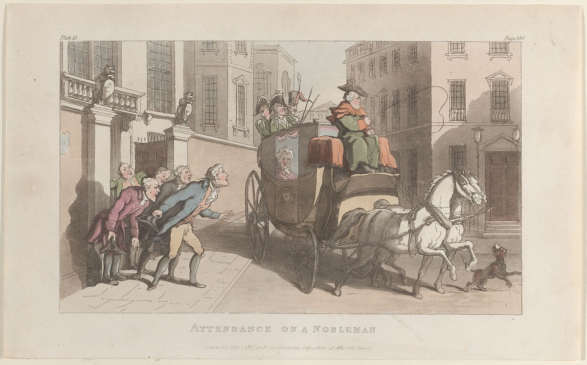 Attendance on a Nobleman, from "The Vicar of Wakefield", Thomas Rowlandson (British, London 1757–1827 London), Hand-colored etching and aquatint 
