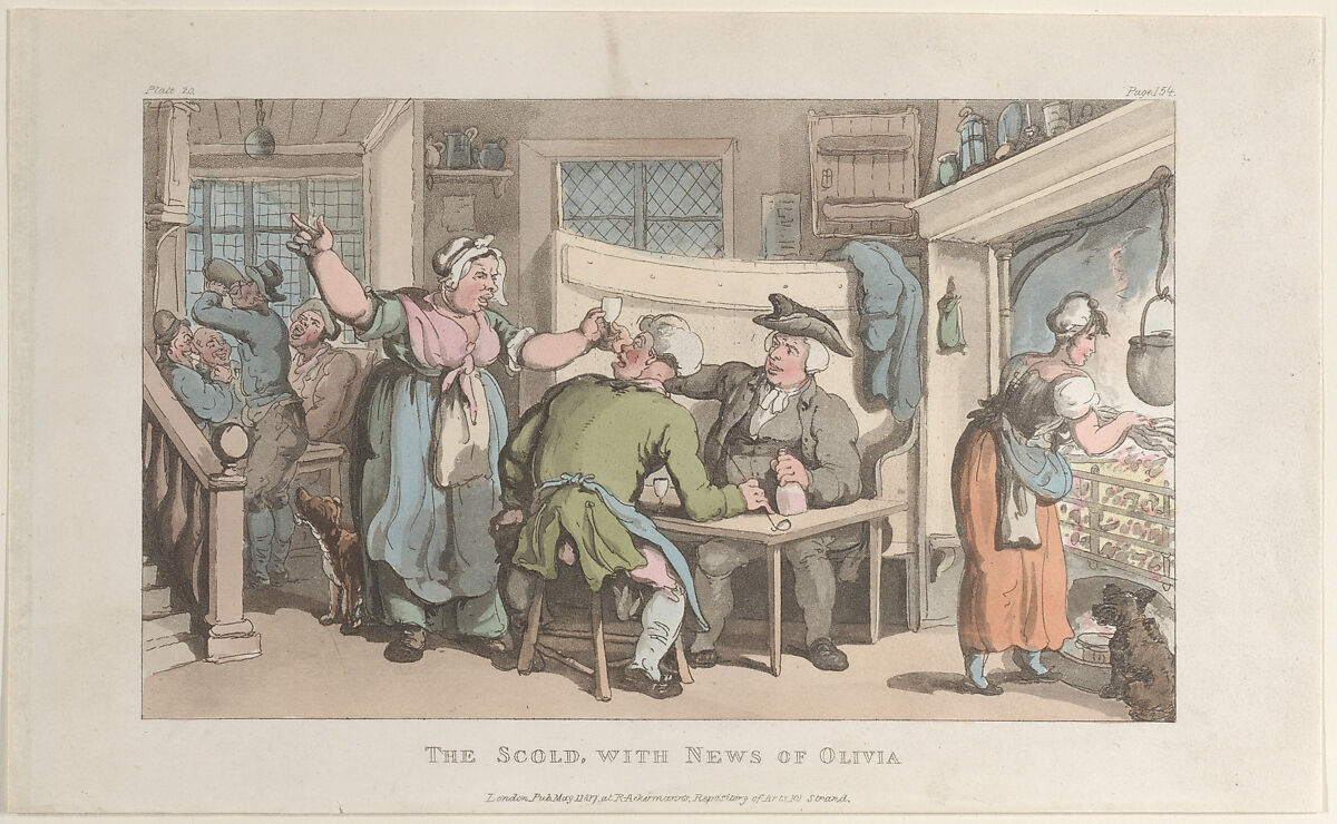 The Scold, with News of Olivia, Thomas Rowlandson (British, London 1757–1827 London), Hand-colored etching and aquatint 