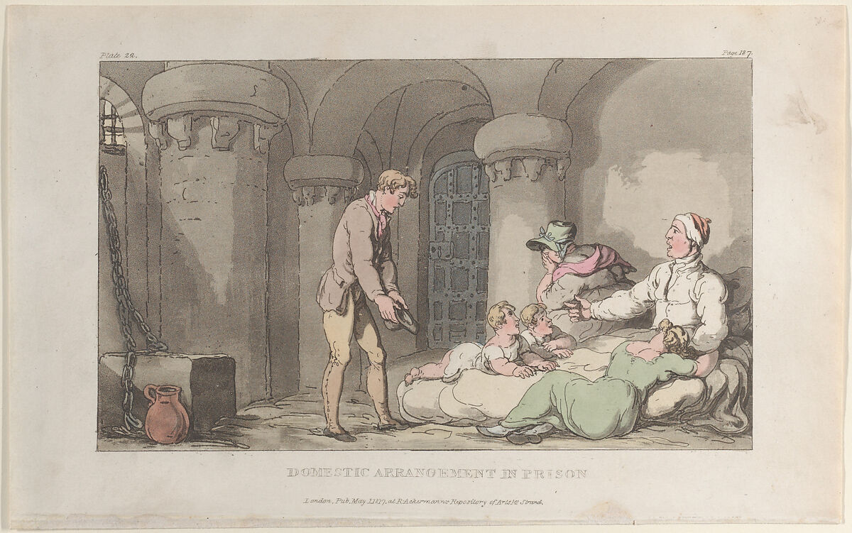 Domestic Arrangements in Prison, Thomas Rowlandson (British, London 1757–1827 London), Hand-colored etching and aquatint 