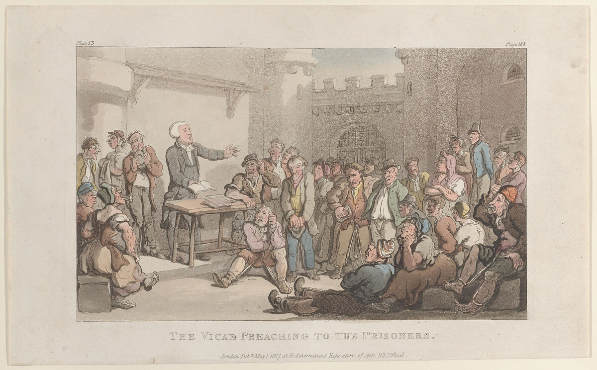 The Vicar Preaching to the Prisoners, Thomas Rowlandson (British, London 1757–1827 London), Hand-colored etching and aquatint 