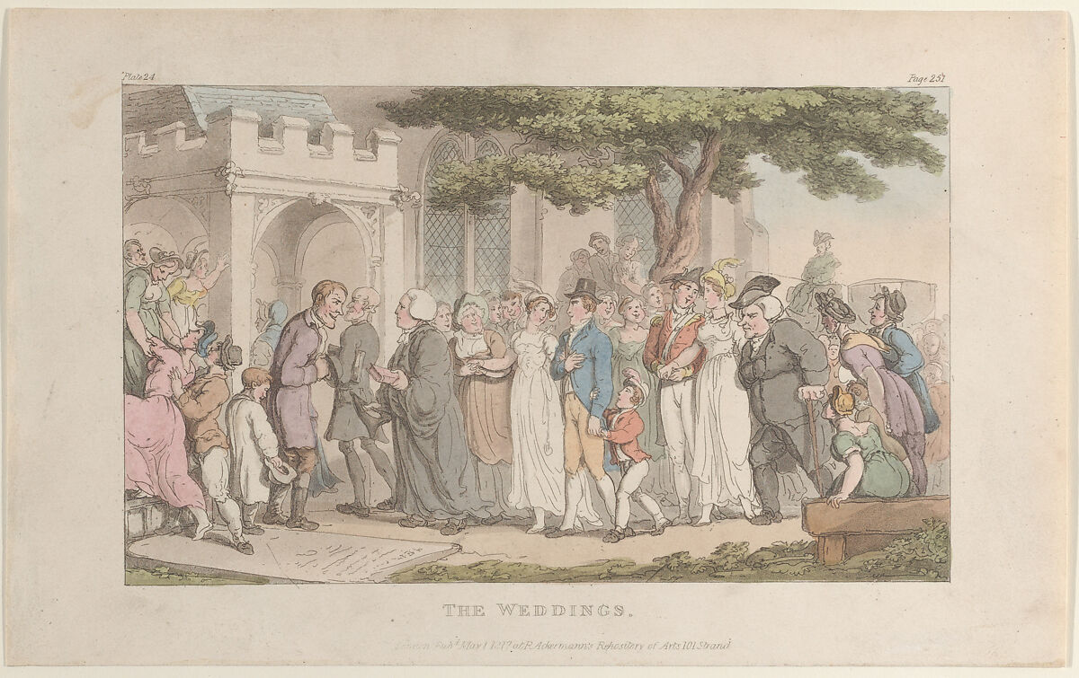 The Weddings, from "The Vicar of Wakefield", Thomas Rowlandson (British, London 1757–1827 London), Hand-colored etching and aquatint 