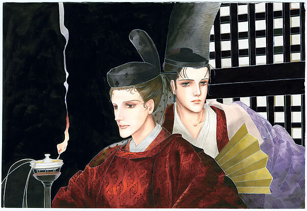 Genji (age 17) with Tō no Chūjō—his brother-in-law, cousin, friend, and rival—during the famous “rainy night scene” at the palace in Chapter 2, from the manga series The Tale of Genji: Dreams at Dawn (Genji monogatari: Asaki yumemishi), Yamato Waki (Japanese, born 1948), Matted painting: ink and color on paper, Japan 