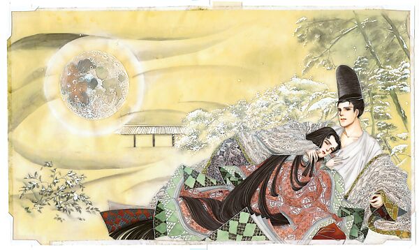 Lady Murasaki and Genji at Nijō on a snowy night after his overtures to Princess Asagao are finally over, from the manga series The Tale of Genji: Dreams at Dawn (Genji monogatari: Asaki yumemishi), Yamato Waki (Japanese, born 1948), Matted painting; ink and color on paper, Japan 