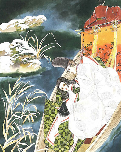 Niou whisking Ukifune away by boat from her residence in Uji to a secluded villa, where they can be together in private, from the manga series The Tale of Genji: Dreams at Dawn (Genji monogatari: Asaki yumemishi)