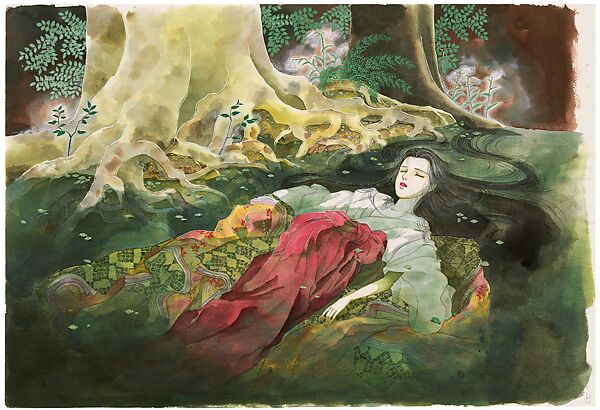 Ukifune’s attempt to drown herself, inspired by the painting Ophelia by John Everett Millais, from the manga series The Tale of Genji: Dreams at Dawn (Genji monogatari: Asaki yumemishi)