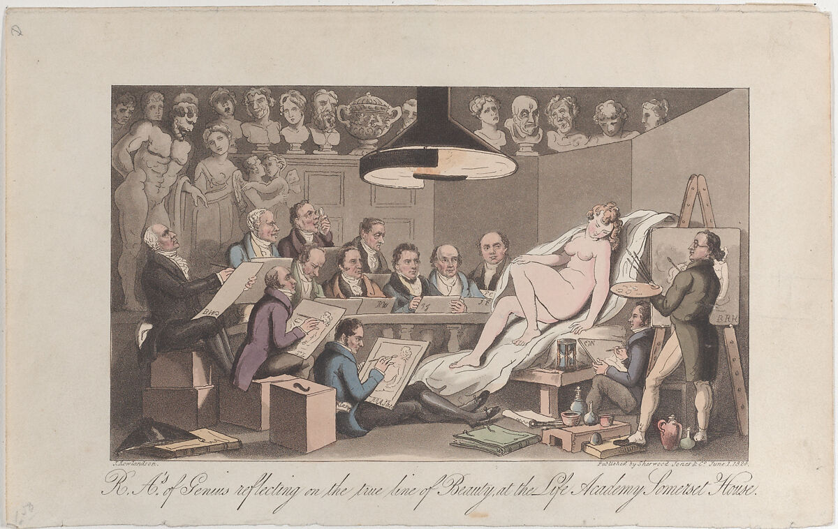 R.A.'s of Genius Reflecting on the True Line of Beauty, at the Life Academy Somerset House, Thomas Rowlandson (British, London 1757–1827 London), Hand-colored etching and aquatint 