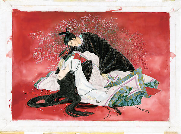 The death of Lady Murasaki, Genji’s beloved, over whom he mourns for an entire year preceding his own death, from the manga series The Tale of Genji: Dreams at Dawn (Genji monogatari: Asaki yumemishi), Yamato Waki (Japanese, born 1948), Matted painting; ink and color on silk, Japan 