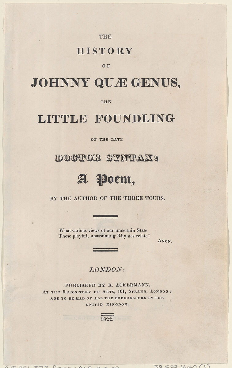 Title page, from "The History of Johnny Quae Genus, The Little Foundling of the Late Doctor Syntax", Thomas Rowlandson (British, London 1757–1827 London), Letterpress 