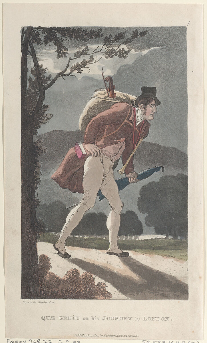 Quae Genus on His Journey to London, Thomas Rowlandson (British, London 1757–1827 London), Hand-colored etching and aquatint 