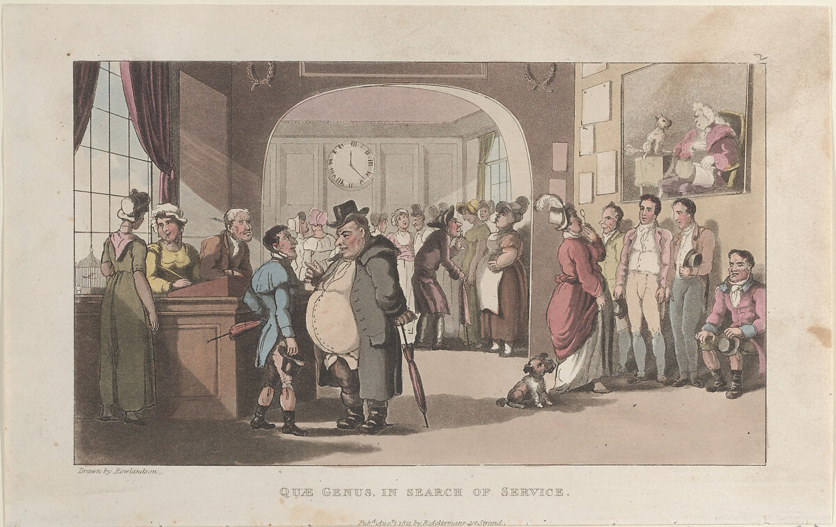Quae Genus in Search of Service, Thomas Rowlandson (British, London 1757–1827 London), Hand-colored etching and aquatint 