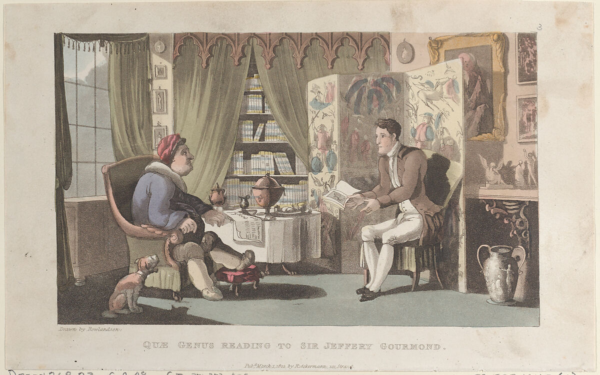 Quae Genus Reading to Sir Jeffery Gourmand, Thomas Rowlandson (British, London 1757–1827 London), Hand-colored etching and aquatint 