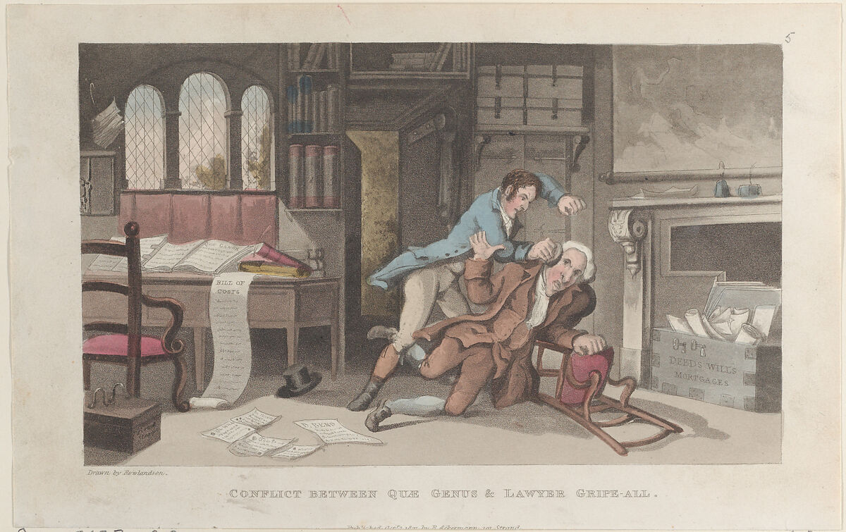 Conflict Between Quae Genus and Lawyer Gripe-all, Thomas Rowlandson (British, London 1757–1827 London), Hand-colored etching and aquatint 