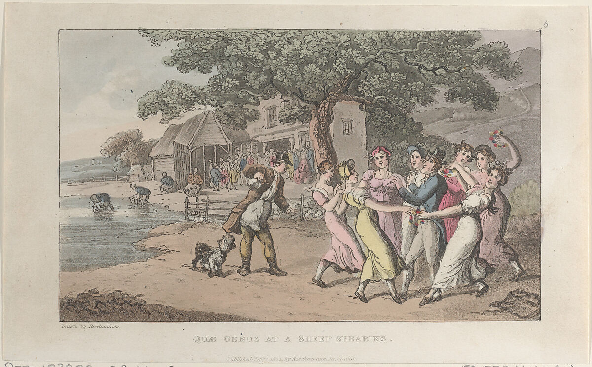 Quae Genus at a Sheep-shearing, Thomas Rowlandson (British, London 1757–1827 London), Hand-colored etching and aquatint 