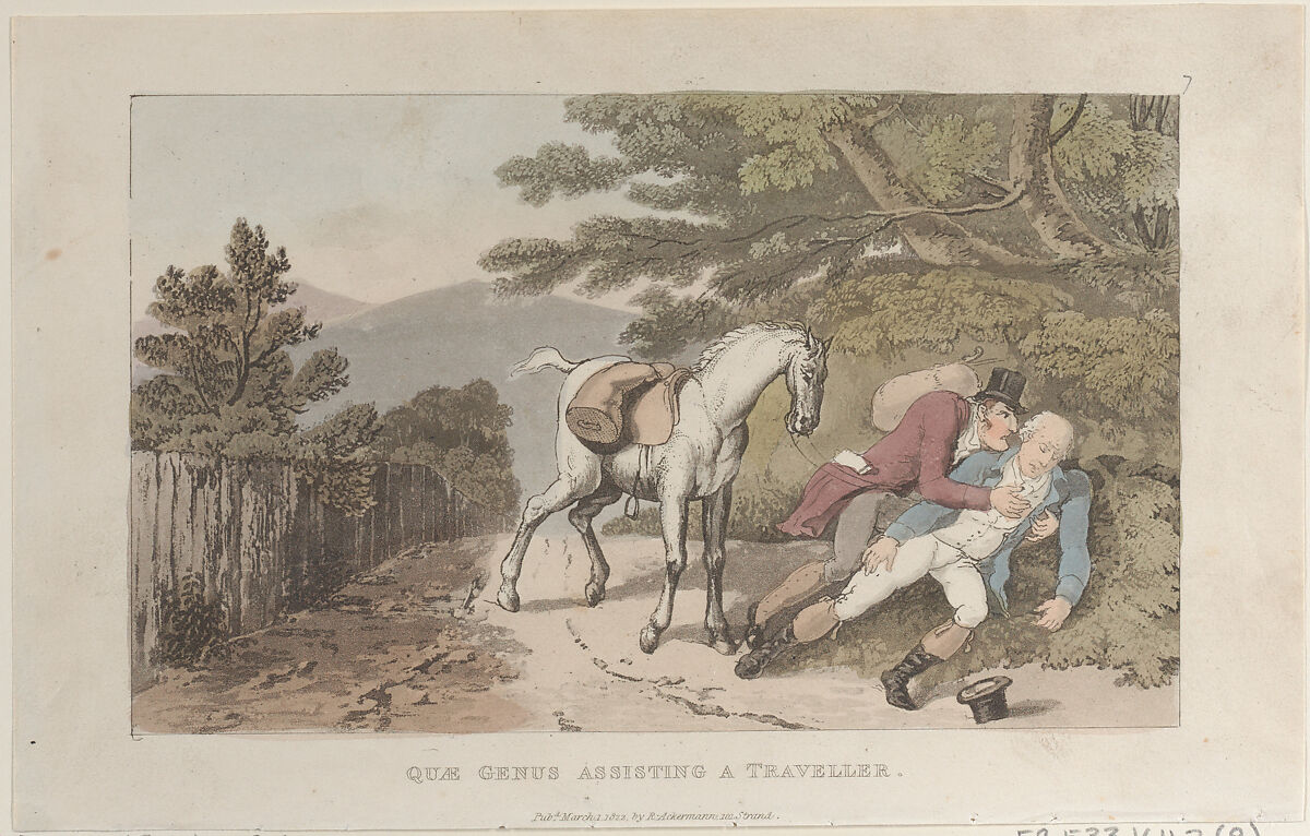 Quae Genus Assisting a Traveler, Thomas Rowlandson (British, London 1757–1827 London), Hand-colored etching and aquatint 