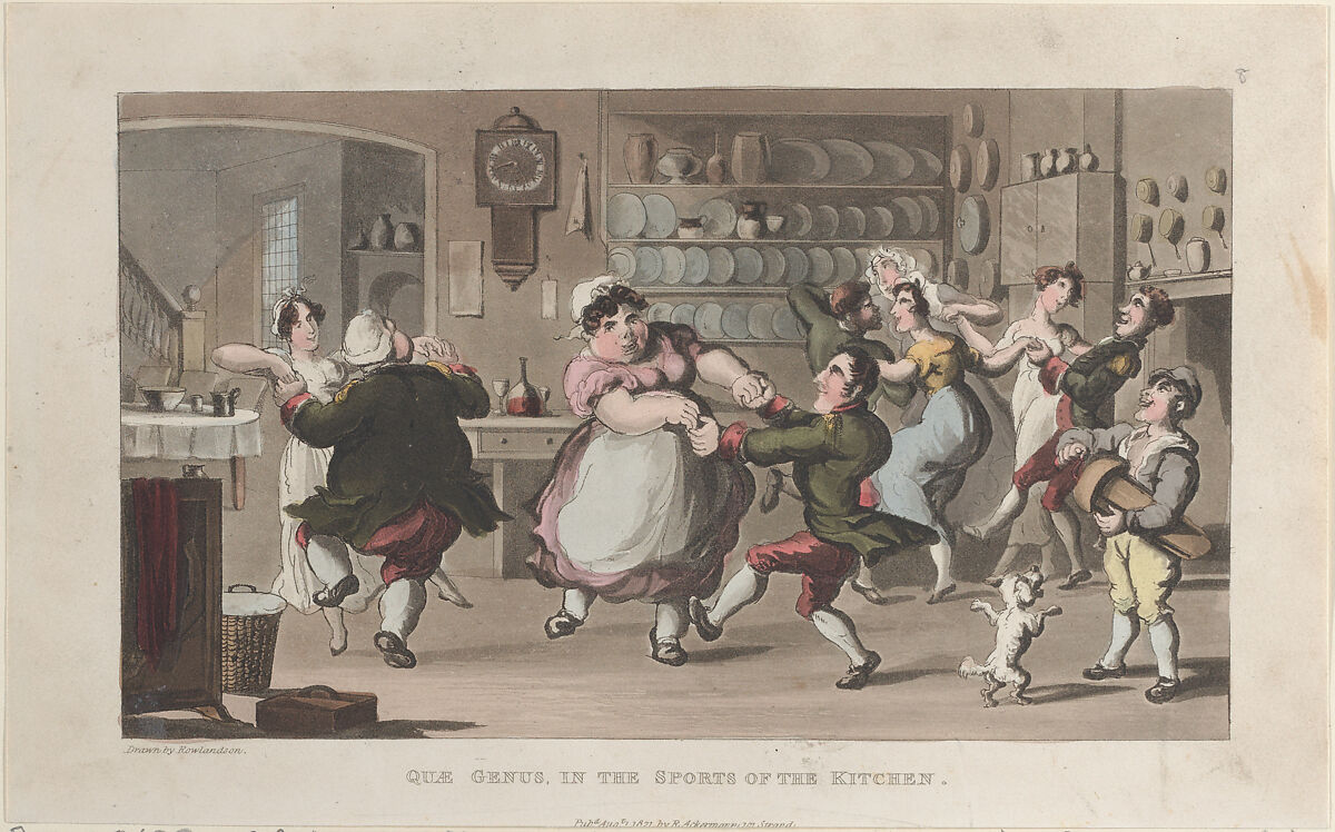 Quae Genus, in the Sports of the Kitchen, Thomas Rowlandson (British, London 1757–1827 London), Hand-colored etching and aquatint 