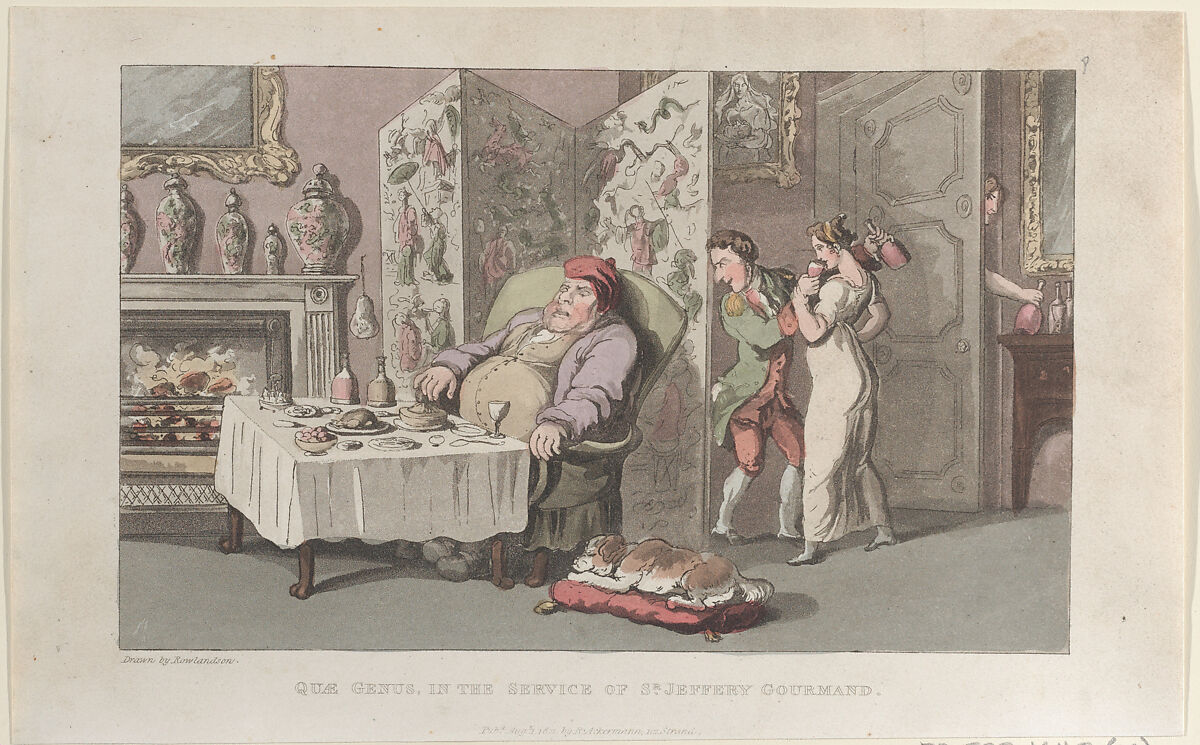 Quae Genus, in the Service of Sr. Jeffery Gourmand, Thomas Rowlandson (British, London 1757–1827 London), Hand-colored etching and aquatint 