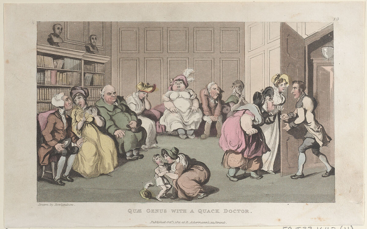 Quae Genus with a Quack Doctor, Thomas Rowlandson (British, London 1757–1827 London), Hand-colored etching and aquatint 