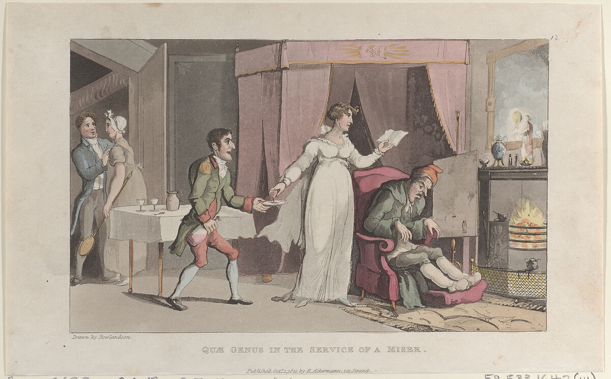 Quae Genus in the Service of a Miser, Thomas Rowlandson (British, London 1757–1827 London), Hand-colored etching and aquatint 