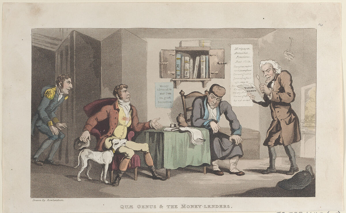 Quae Genus & The Money Lenders, Thomas Rowlandson (British, London 1757–1827 London), Hand-colored etching and aquatint 