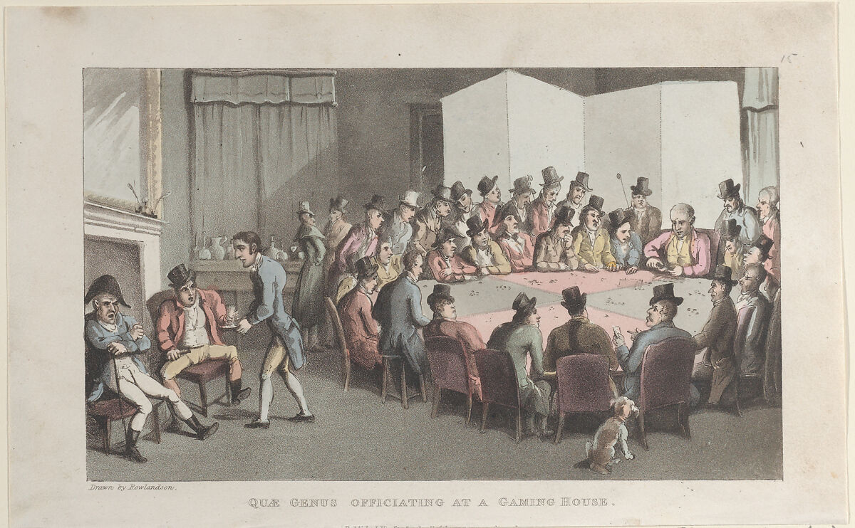 Quae Genus Officiating at a Gaming House, Thomas Rowlandson (British, London 1757–1827 London), Hand-colored etching and aquatint 