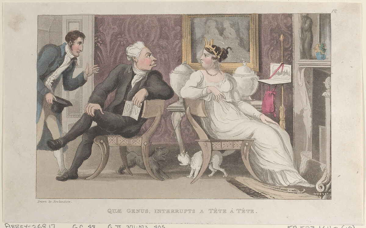 Quae Genus, Interrupts a Tête à Tête, Thomas Rowlandson (British, London 1757–1827 London), Hand-colored etching and aquatint 