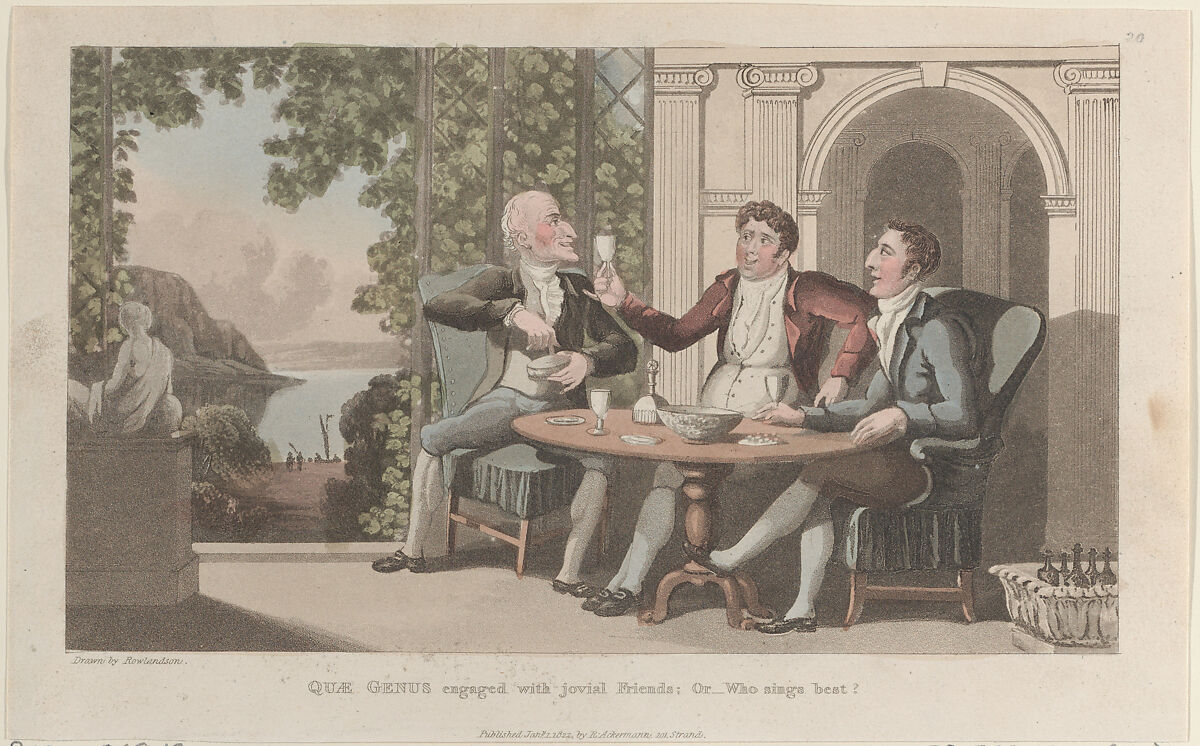 Quae Genus Engaged with Jovial Friends; Or–Who Sings Best?, Thomas Rowlandson (British, London 1757–1827 London), Hand-colored etching and aquatint 