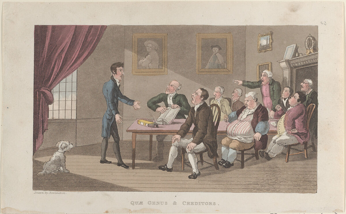 Quae Genus & Creditors, Thomas Rowlandson (British, London 1757–1827 London), Hand-colored etching and aquatint 