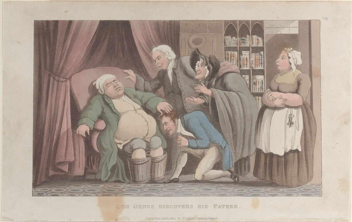 Quae Genus Discovers His Father, Thomas Rowlandson (British, London 1757–1827 London), Hand-colored etching and aquatint 