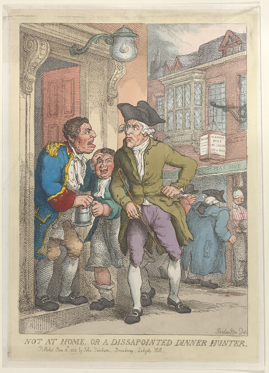 Not at Home, or a Disappointed Dinner Hunter, Thomas Rowlandson (British, London 1757–1827 London), Hand-colored etching 