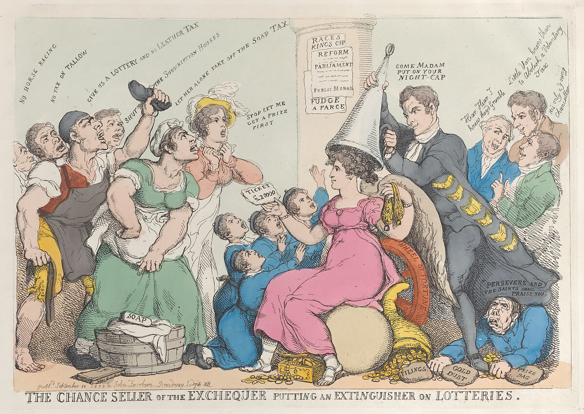 The Chance Seller of the Exchequer Putting an Extinguisher on Lotteries, Thomas Rowlandson (British, London 1757–1827 London), Hand-colored etching 