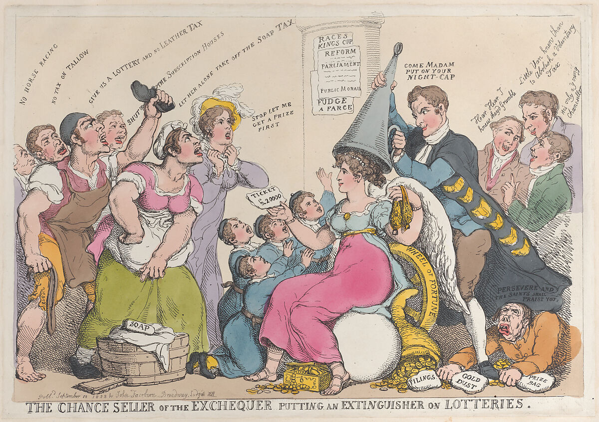 The Chance Seller of the Exchequer Putting an Extinguisher on Lotteries, Thomas Rowlandson (British, London 1757–1827 London), Hand-colored etching 