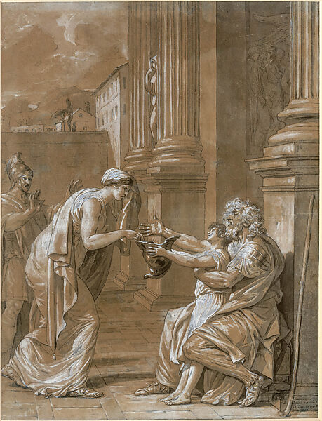 Belisarius Begging for Alms, Jacques Louis David  French, Pen and black ink, brush and gray wash, heightened with white gouache, on faded blue paper