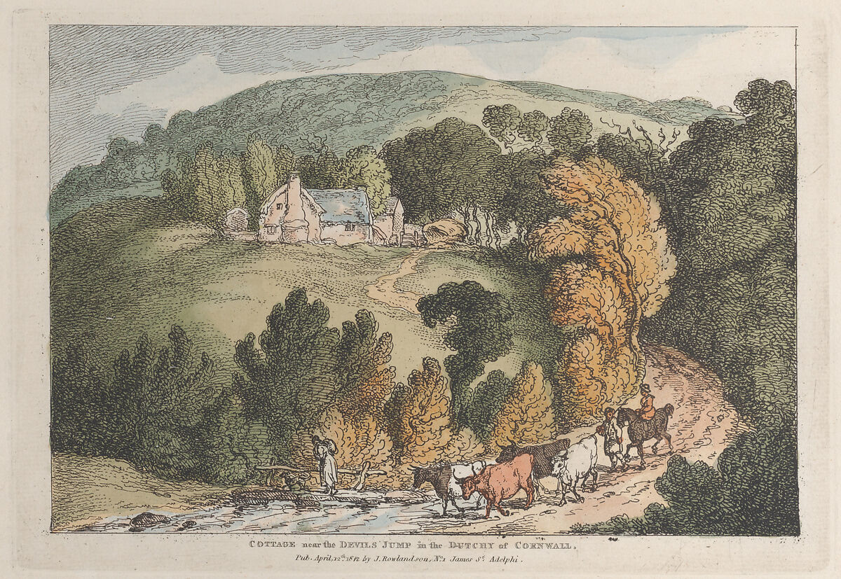 View of the Church and Village of St. Cue, Cornwall, from "Views in Cornwall", Thomas Rowlandson (British, London 1757–1827 London), Hand-colored etching 