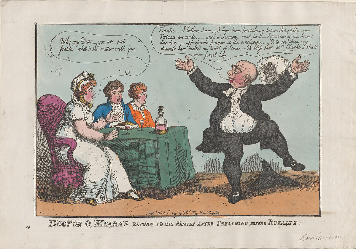 Doctor O'Meara's Return to His Family After Preaching Before Royalty, Thomas Rowlandson (British, London 1757–1827 London), Hand-colored etching 
