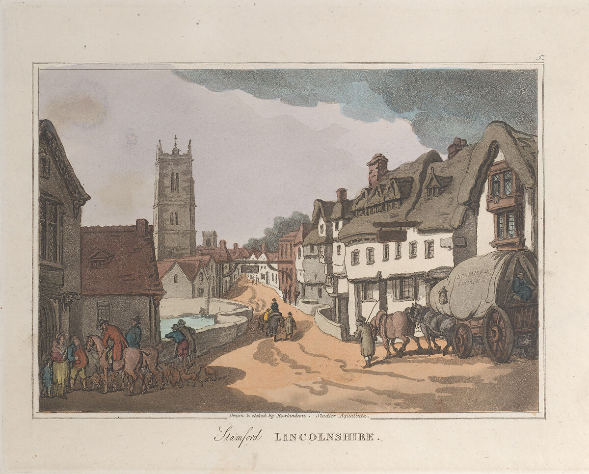 Stamford Lincolnshire, Etched by Thomas Rowlandson (British, London 1757–1827 London), Hand-colored etching and aquatint 
