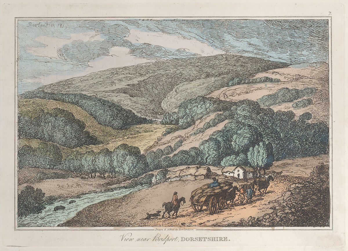 View near Bridport, Dorsetshire, Thomas Rowlandson (British, London 1757–1827 London), Hand-colored etching 