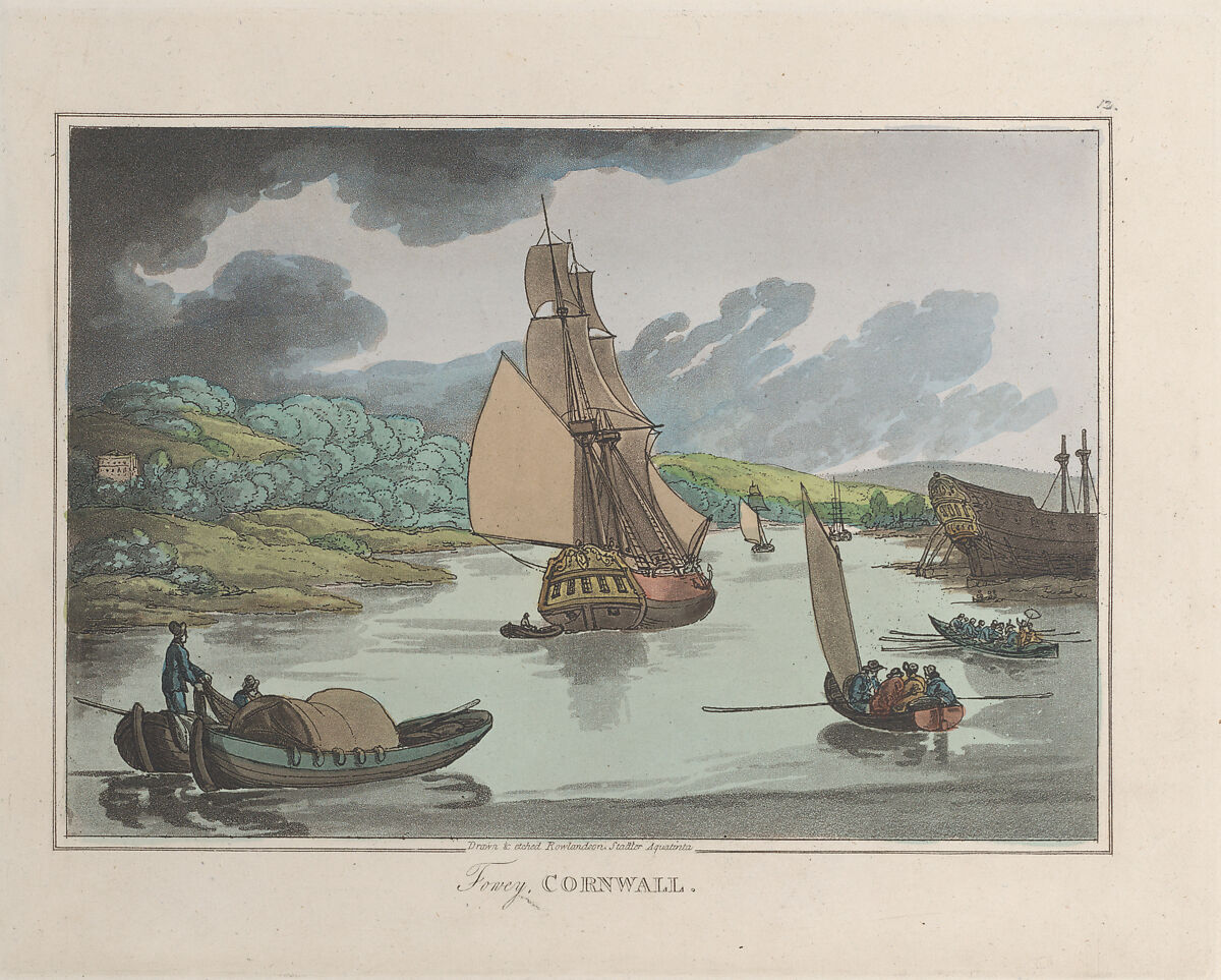 Fowey, Cornwall, Etched by Thomas Rowlandson (British, London 1757–1827 London), Hand-colored etching and aquatint 