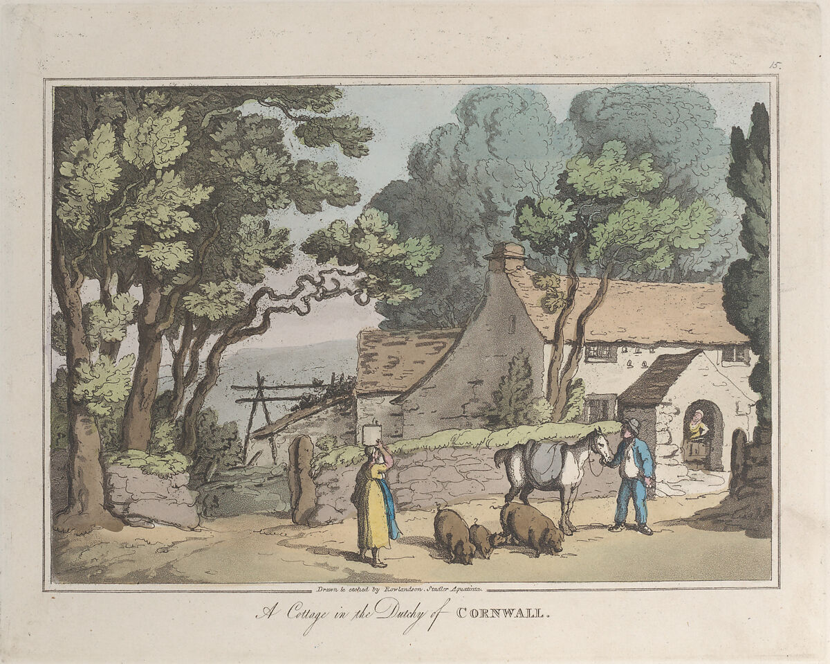 A Cottage in the Dutchy of Cornwall, Etched by Thomas Rowlandson (British, London 1757–1827 London), Hand-colored etching and aquatint 