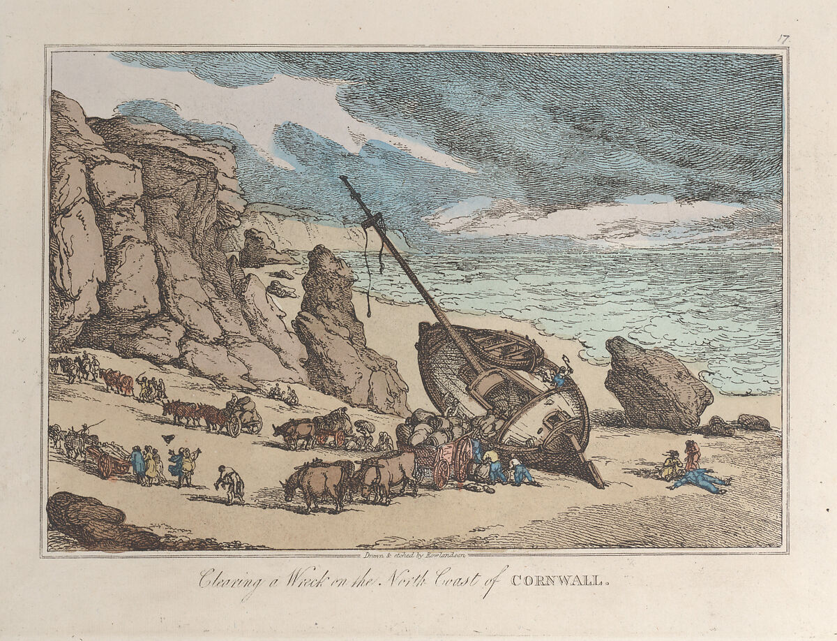 Clearing a Wreck on the North Coast of Cornwall, Thomas Rowlandson (British, London 1757–1827 London), Hand-colored etching 